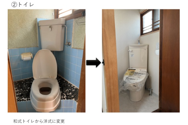 トイレの改修前後。左の既存設備から、右の洋式便器と明るい内装へ変更した事例