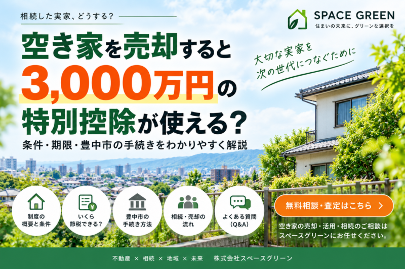 相続した空き家の売却で使える3,000万円特別控除の条件・期限・豊中市の手続きを解説するスペースグリーンの記事アイキャッチ