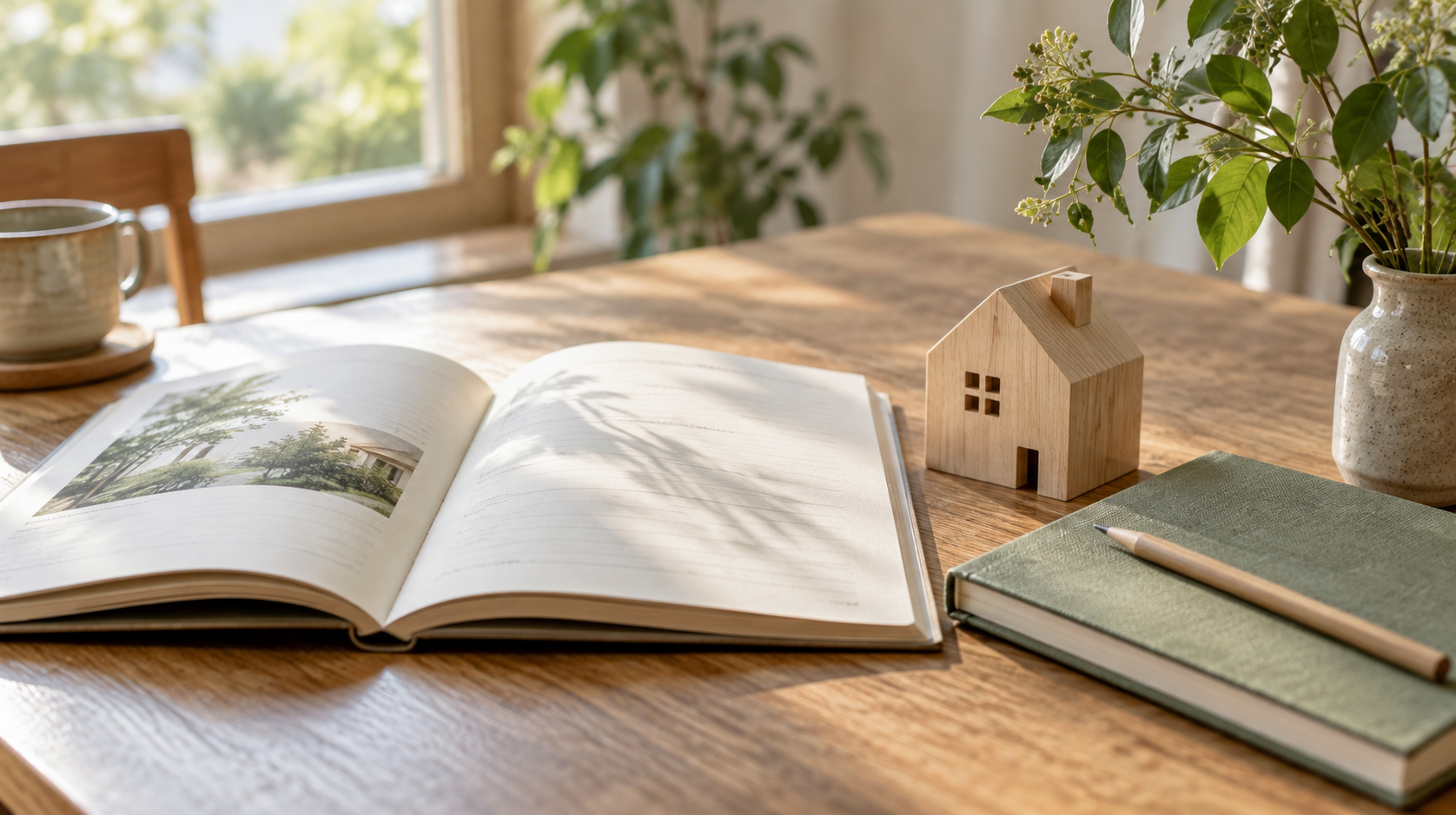 本と木製の小さな家、緑を合わせた、住まいと暮らしの読みもののイメージ
