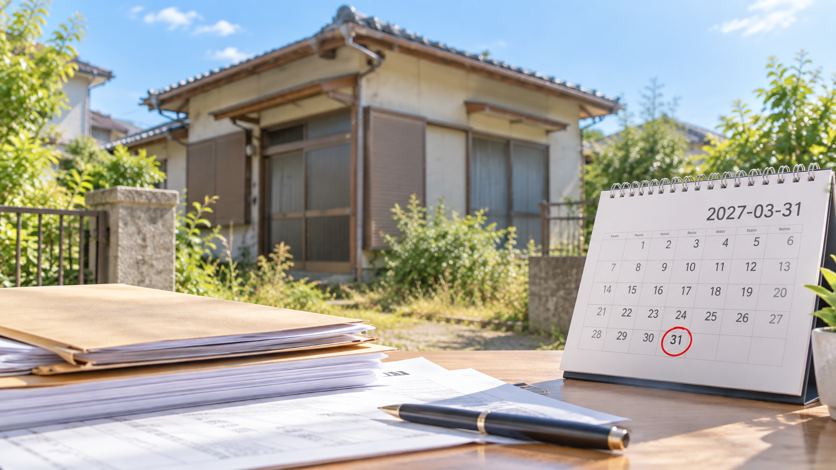 相続登記の期限である2027年3月31日を示すカレンダーと空き家