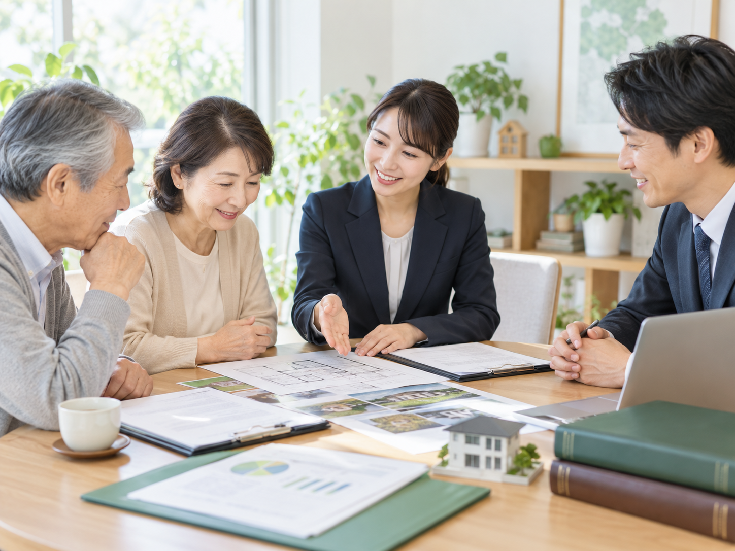 相続した不動産について家族と不動産会社が相談しているイメージ