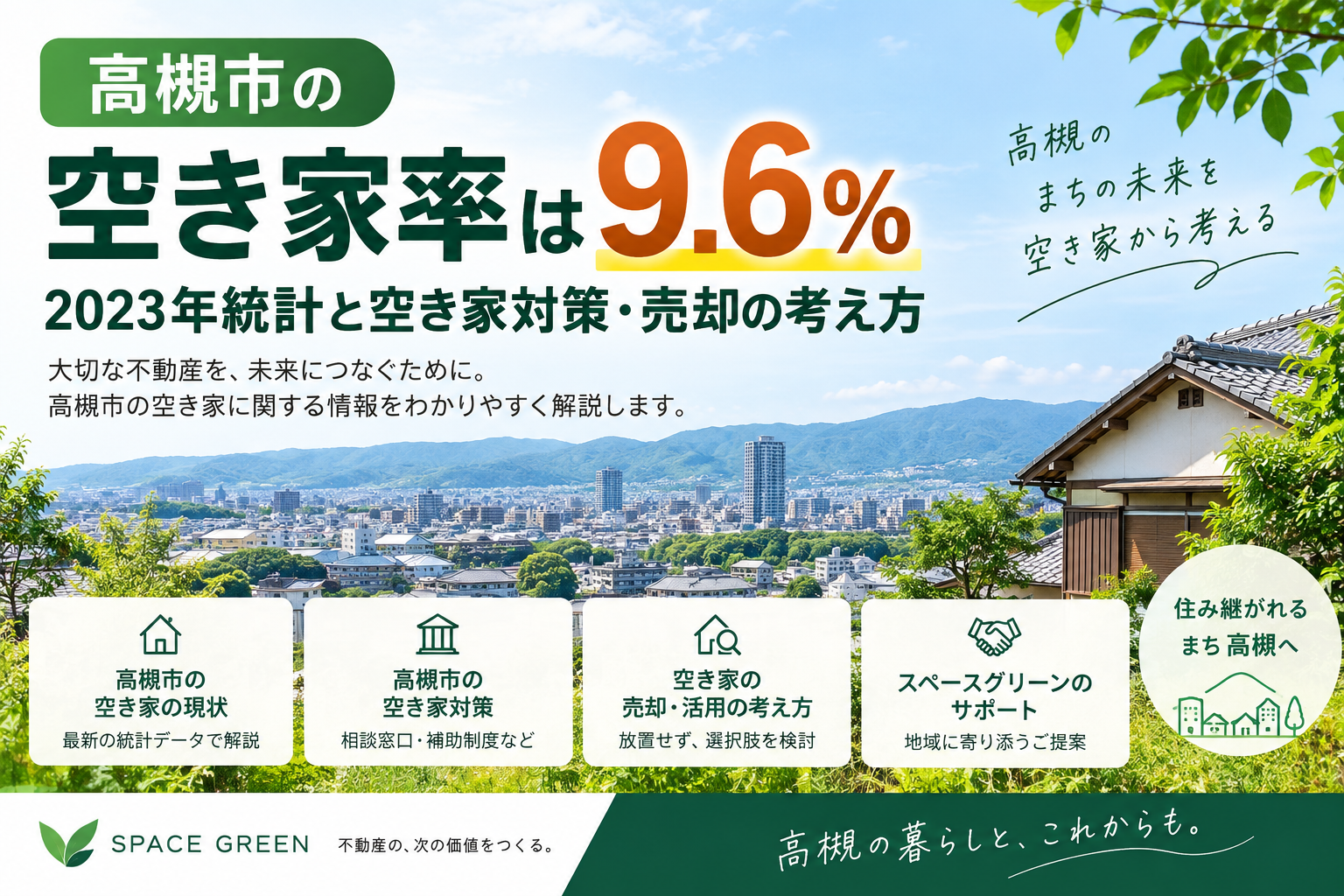 高槻市の空き家率9.6%、2023年統計、空き家対策と売却の考え方を紹介するスペースグリーンの記事アイキャッチ