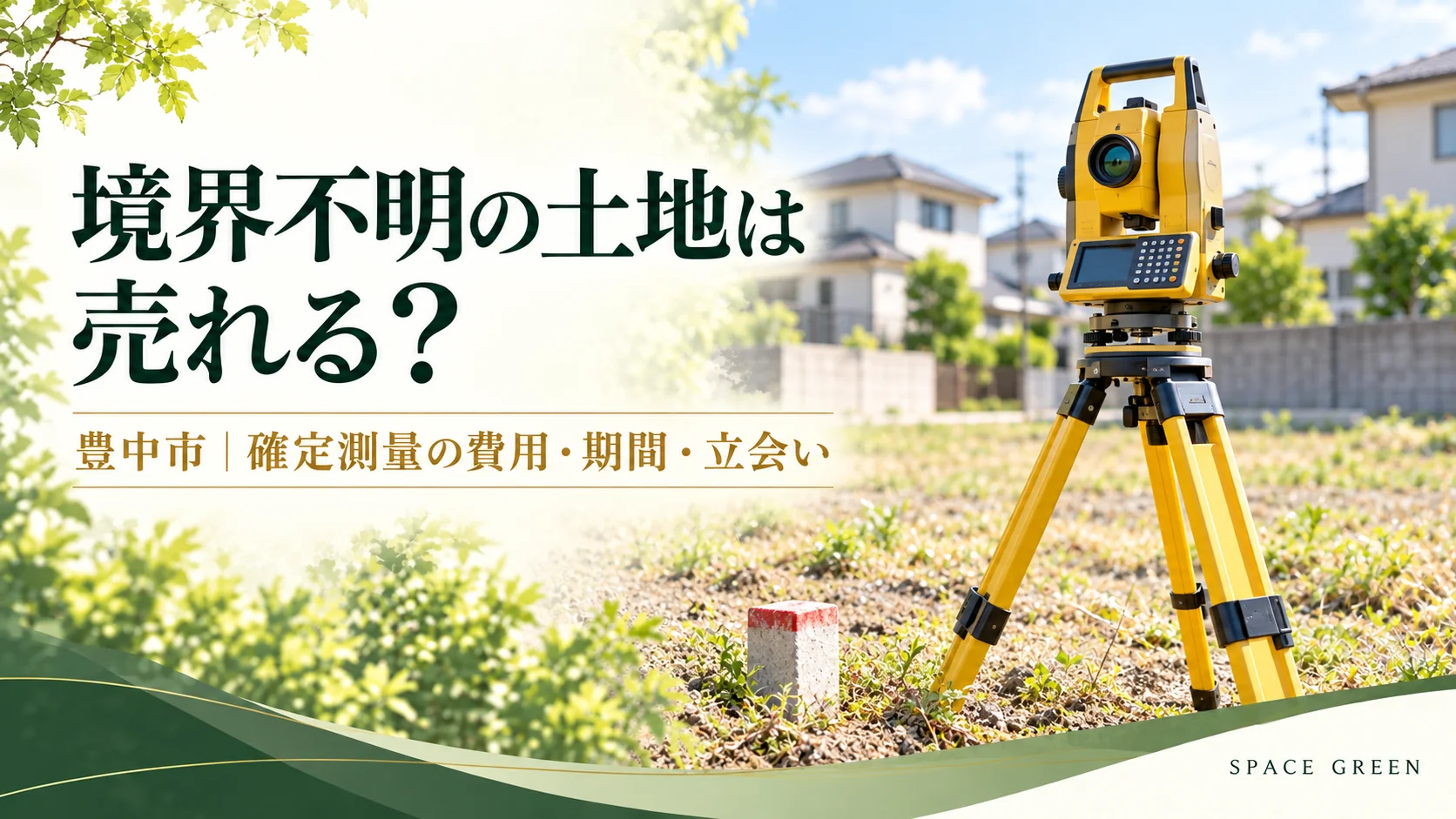 明るい住宅地の土地に設置された黄色い測量機器と境界標。境界不明の土地の売却と、豊中市の確定測量の費用・期間・立会いを案内するアイキャッチ