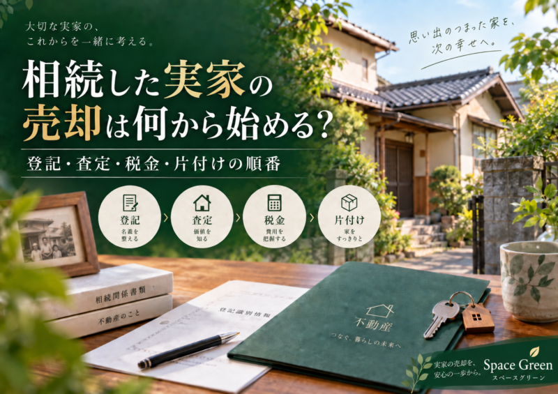 相続した実家の売却で確認する登記・査定・税金・片付けの順番を示したスペースグリーンのアイキャッチ画像