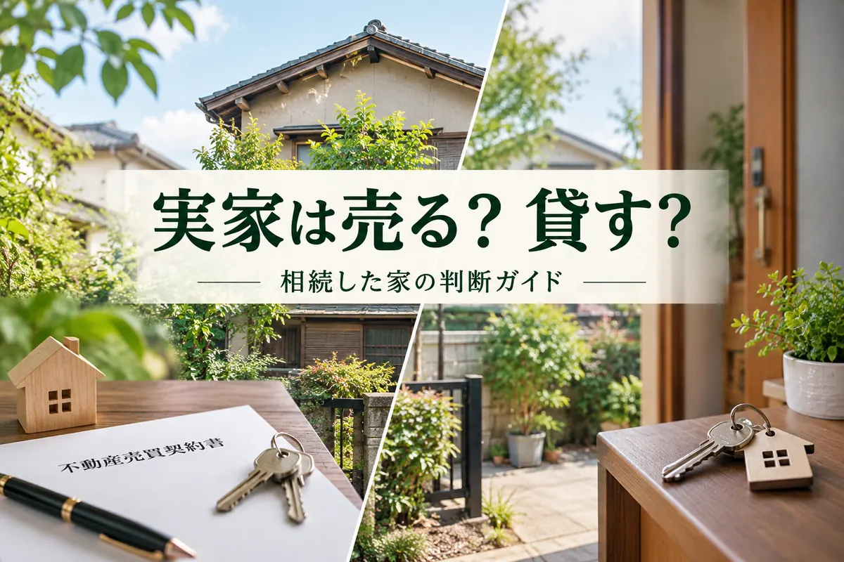 「実家は売る?貸す?」相続した家の判断ガイド。木造住宅と売買契約書、賃貸の鍵を左右に配置したイメージ