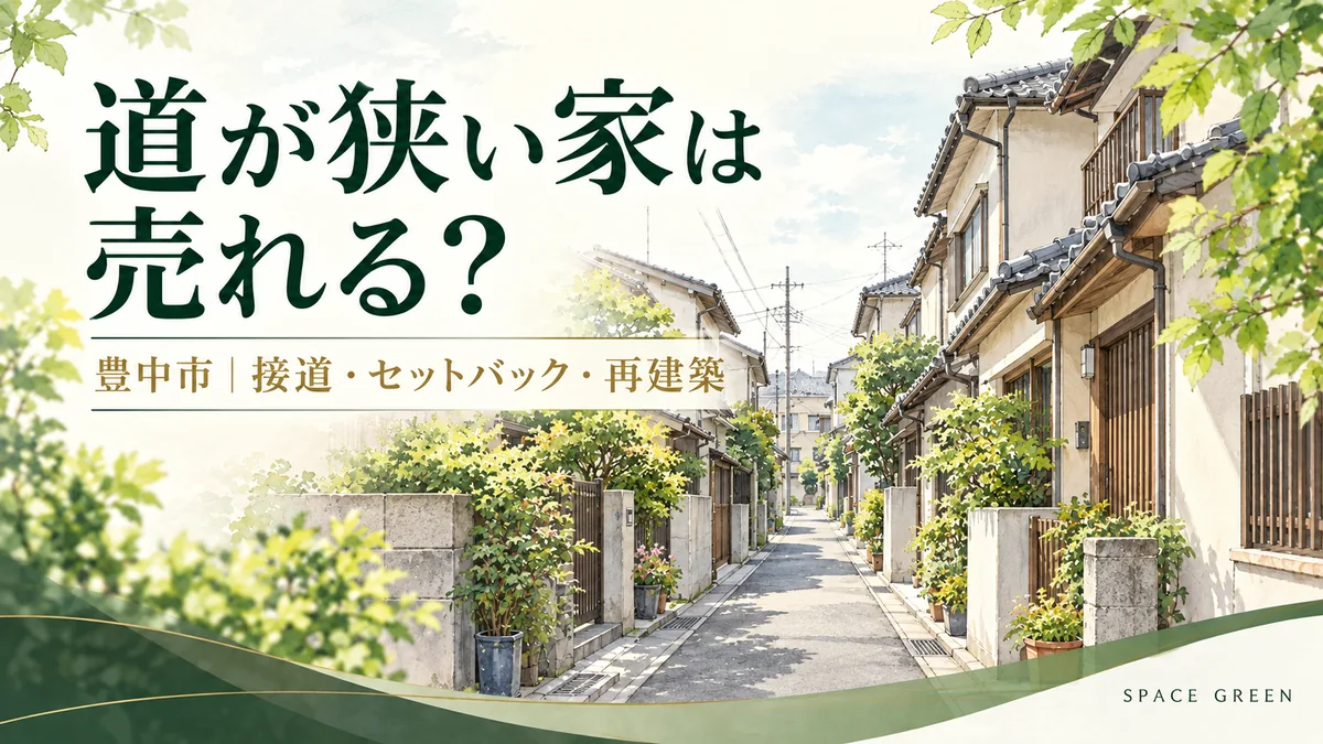 道が狭い家は売れる？豊中市の接道・セットバック・再建築。緑と生成りを基調に狭い住宅街の道路を描いたイメージ