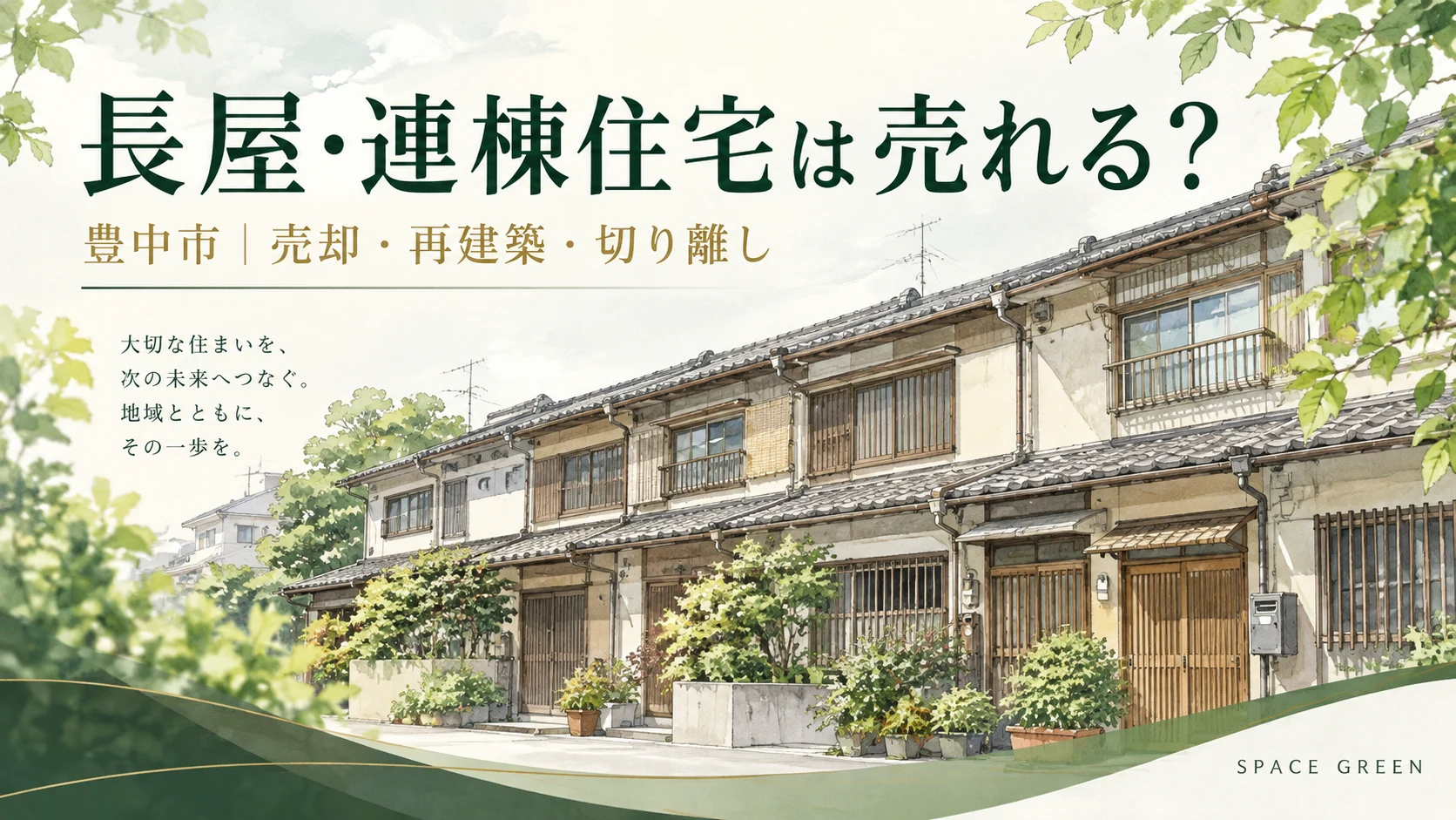 豊中市の長屋・連棟住宅の売却を解説するイラスト。緑のある街並みに古い日本家屋が連なっている様子